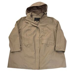 Ella Popken Cotton Canvas Trench Parka Coat Tan Embellished Hood Pockets US28/30